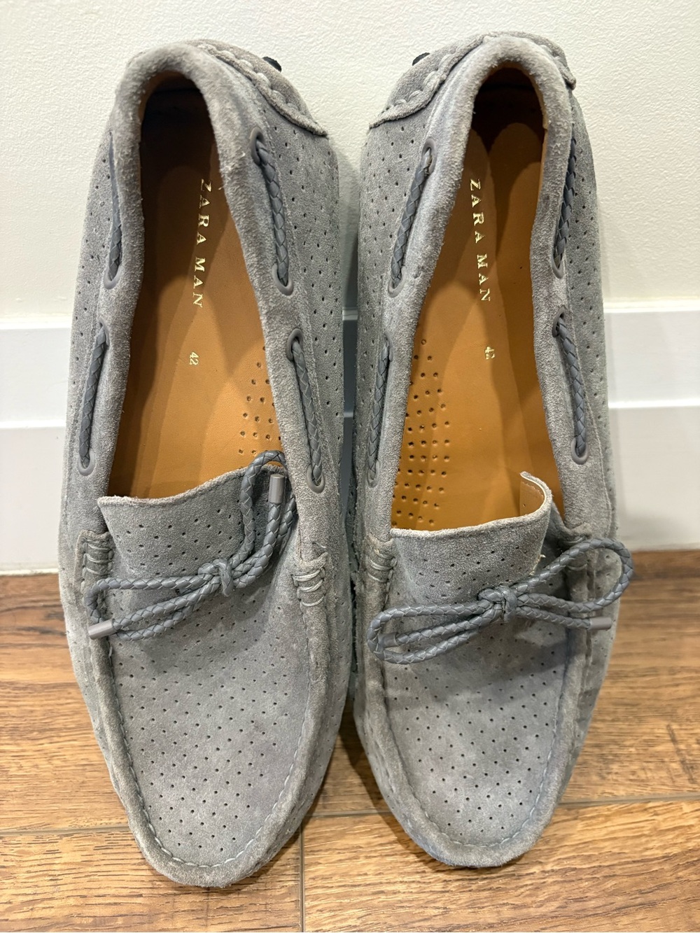 Zara Gray Perforated Suede Moccasin Loafers